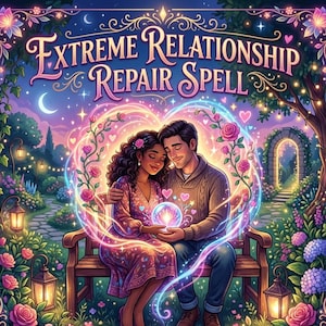 Puede incluir: Una ilustración muestra a una pareja sentada en un banco, rodeada por un aura en forma de corazón de luz y rosas. La imagen presenta el texto "Extreme Relationship Repair Spell" en una fuente decorativa, sobre un fondo de jardín con una luna creciente.