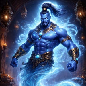 May include: A muscular, blue-skinned genie with a stern expression. He has a black ponytail, gold and jeweled accents, and is surrounded by swirling blue smoke. The image has a fantasy theme.