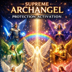 Puede incluir: Ilustración digital que presenta múltiples arcángeles con alas, rodeados por un fondo estrellado y un arcoíris. El texto "SUPREME ARCHANGEL PROTECTION ACTIVATION" se muestra en la parte superior. Cada arcángel se representa con colores y atributos únicos.