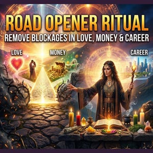 Puede incluir: Ilustración con el texto "ROAD OPENER RITUAL" y "REMOVE BLOCKAGES IN LOVE, MONEY & CAREER". Muestra a una mujer con un báculo, velas y un libro, con símbolos de amor, dinero y carrera.