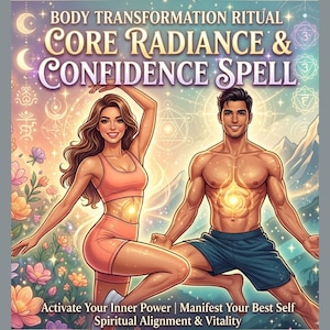 Puede incluir: Ilustración digital que promueve un ritual de transformación corporal. La imagen presenta a una mujer y un hombre con centros brillantes, rodeados de elementos florales y celestiales. El texto incluye "CORE RADIANCE & CONFIDENCE SPELL" y "Activate Your Inner Power".