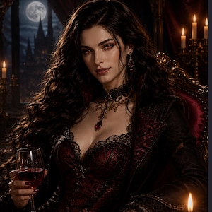 May include: A woman with long, dark wavy hair and red eyes, wearing a black choker, a red and black lace dress, and a black jacket. She is holding a glass of red wine. The background features a full moon, a castle, and lit candles.