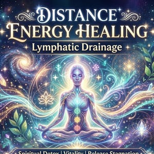 Puede incluir: Ilustración digital de una mujer meditando con líneas de energía brillantes y símbolos de chakras. El texto dice "Distance Energy Healing" y "Lymphatic Drainage" sobre un fondo cósmico de estrellas y galaxias. Tema: bienestar espiritual.