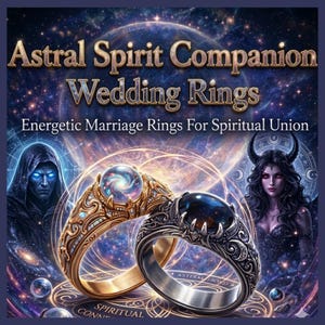 Puede incluir: Imagen de dos anillos de boda ornamentados. Uno es dorado con una piedra clara y arremolinada, el otro plateado con una piedra azul oscuro. El texto dice "Astral Spirit Companion Wedding Rings" y "Energetic Marriage Rings For Spiritual Union."