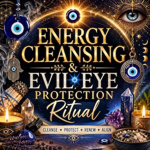 Puede incluir: Imagen con el texto "ENERGY CLEANSING & EVIL EYE PROTECTION Ritual". Presenta elementos espirituales como velas, cristales y amuletos de ojo turco, sobre un fondo azul oscuro y dorado.