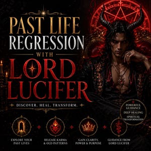 Puede incluir: Un anuncio de regresión a vidas pasadas con Lord Lucifer. La imagen presenta a un hombre con cuernos, sentado en un trono, con el texto "Past Life Regression with Lord Lucifer". La imagen también incluye iconos y texto que describen los beneficios.