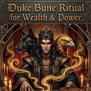 May include: An illustration featuring a regal figure wearing a crown and ornate robes, flanked by a black dog and a golden eagle. The text "Duke Bune Ritual for Wealth & Power" is displayed above the figure, with candles and swirling golden energy.