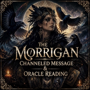 Puede incluir: Una ilustración digital con una figura central de cabello oscuro y tocado de plumas, flanqueada por dos cuervos negros. El texto dice THE MORRIGAN CHANNELED MESSAGE & ORACLE READING. Debajo hay varias cartas de tarot y dos velas encendidas.