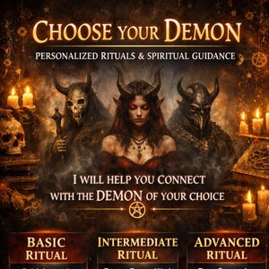 Puede incluir: Un anuncio con el texto "ELIGE TU DEMONIO" y "RITUALES PERSONALIZADOS Y GUÍA ESPIRITUAL". La imagen presenta tres figuras demoníacas y el texto "TE AYUDARÉ A CONECTAR CON EL DEMONIO DE TU ELECCIÓN".