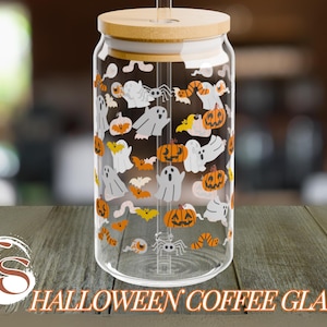 Halloween Iced coffee glass, With straw and lid, glass tumbler, spooky season cup, Gift for Halloween, Fall gift