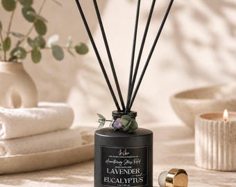 Lavender and Eucalyptus Reed Diffuser | 7 oz Aromatherapy Stress Relief | Matte Black Minimalist Decor | Curated Long Island Home Fragrance