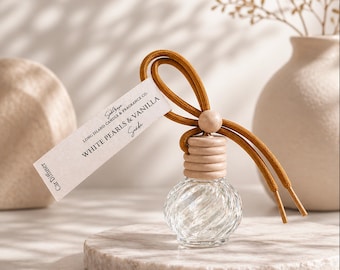 Boho Hanging Car Diffuser – White Pearls Vanilla Suede Scent, Glass Vessel