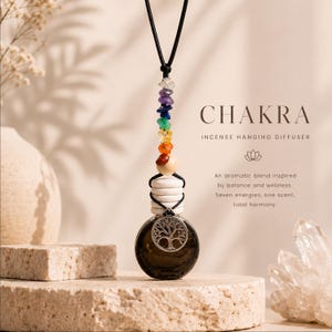 Chakra Incense Hanging Diffuser, 10 mL Car Air Freshener, Sandalwood Patchouli Citrus, Tree of Life Chakra Stone Gift