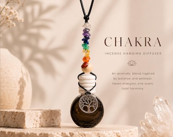 Chakra Incense Hanging Diffuser, 10 mL Car Air Freshener, Sandalwood Patchouli Citrus, Tree of Life Chakra Stone Gift