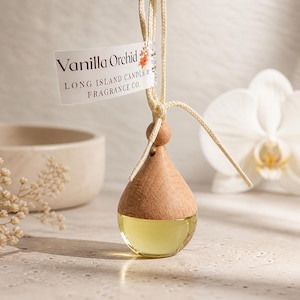 Vanilla Orchid Car Diffuser: Natural Wood & Glass Hanging Air Freshener
