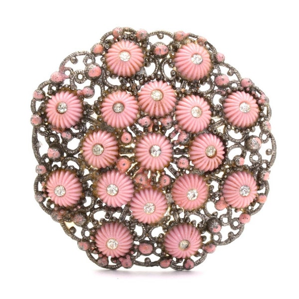 Vintage Pot Metal Pink Flower & Rhinestone Sash Pin