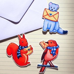 Post Pals klistermärkesset | Bedårande vinterdjur | Rödhaken Ruby, ekorren Quill och hermelinen Hermes