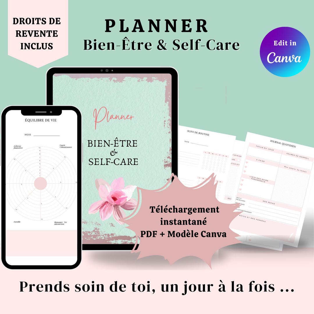 Wellness & Self-care Planner - French - Editable Canva Template + PLR ...