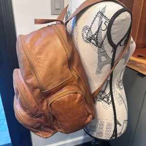 May include: A brown leather backpack with multiple zippered compartments and adjustable shoulder straps. The backpack has a front pocket and a top handle. The leather has a textured appearance. The backpack is displayed on a mannequin.