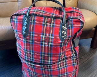 Vintage 60's Large Tartan Folding Suitcase on Wheels Front Compartment with Keys -22" tall