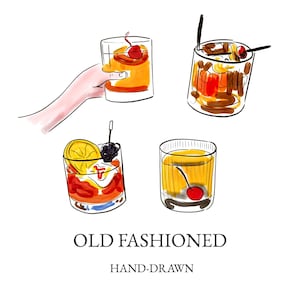 May include: Illustration of four Old Fashioned cocktails, each in a clear glass, garnished with cherries and citrus. One is held by a hand. The text "OLD FASHIONED" and "HAND-DRAWN" are below the cocktails, in a hand-drawn style.