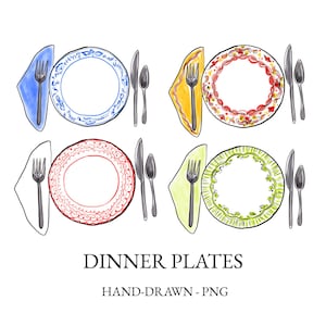 May include: Hand-drawn illustration of four dinner plate settings. Each setting includes a plate, fork, knife, spoon, and napkin. The plates feature various designs and colors, including blue, red, and green. Text at the bottom reads "DINNER PLATES" and "HAND-DRAWN - PNG".