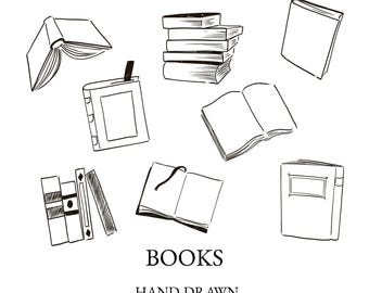 May include: Hand-drawn illustration of various books in black and white. The image includes open and closed books, stacks of books, and books with bookmarks. The word "BOOKS" and "HAND-DRAWN" are written below the illustrations.