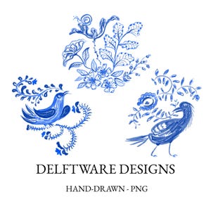 May include: Blue and white watercolor illustrations of birds and floral designs. The image includes the text "DELFTWARE DESIGNS" and "HAND-DRAWN - PNG". The designs are reminiscent of Delftware pottery.
