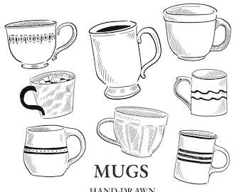 Hand-Drawn Mug Clipart PNG Bundle, Whimsical Coffee Cups, Cozy Kitchen Illustration, Cafe Branding & Invitation Graphics