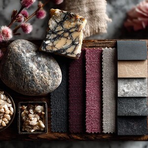 May include: A wooden tray showcases a selection of textures and materials. It features a large, smooth stone, a piece of marbled cheese, fabric swatches in burgundy and grey, and small bowls of pebbles. Pink floral accents provide a splash of colour.