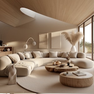 May include: A large, curved, beige sectional sofa with multiple cushions sits in a modern living room with a wooden ceiling and large windows. The room features a large, round, beige rug, two wooden coffee tables, and a tall vase with dried pampas grass.