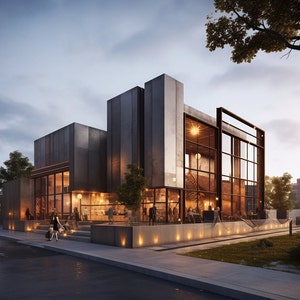 Puede incluir: Un edificio moderno de estilo industrial con grandes ventanales y una fachada de metal. El edificio está iluminado por la noche y hay gente caminando frente a él.