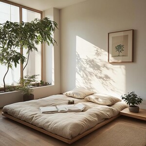 May include: A light beige platform bed with a linen duvet and two pillows. The bed is in a room with a large window and a plant in a pot. The room is decorated in a minimalist style.