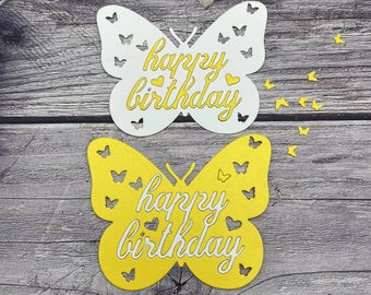 Feliz aniversário, corte de metal, palavras, borboleta, flor, lua, formato de coração, corte para fazer cartões, relevo, scrapbooking, faça você mesmo, artesanato em papel, presente