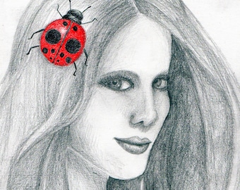 Girl with a Ladybug--original pencil and colored pencil drawing
