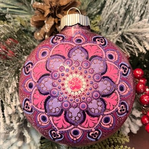 Hand painted 4 inch round pink and purple preprint Mandala Christmas ornament