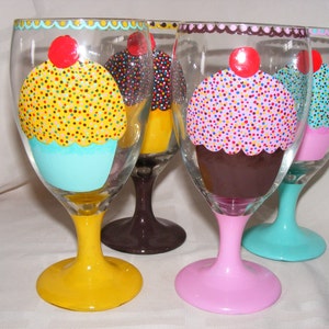 Hand painted 4-color cupcake glass goblets, set of 4 image 1