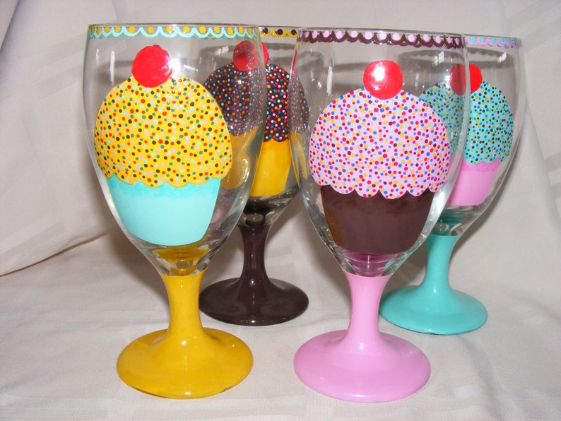 Hand painted 4-color cupcake glass goblets, set of 4 image 1