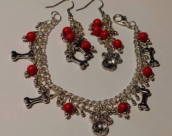 Red and silver paw prints and dog bone bracelets and earrings set