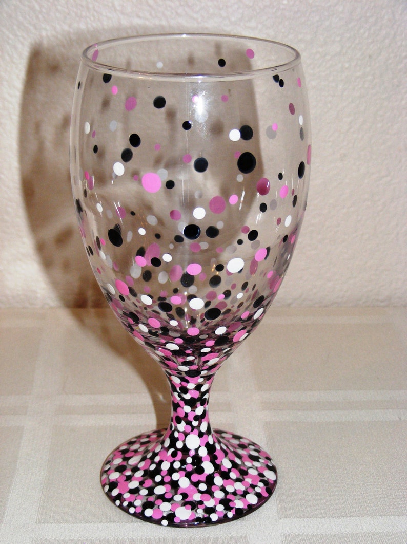 Black, white and pink polka dot hand painted globlet image 1