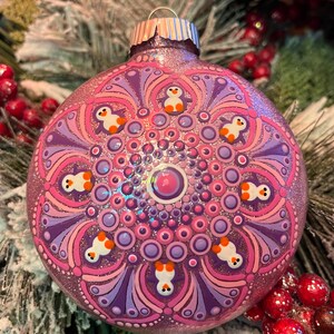 Hand painted 4 inch round purple and pink penguin Mandala Christmas ornament