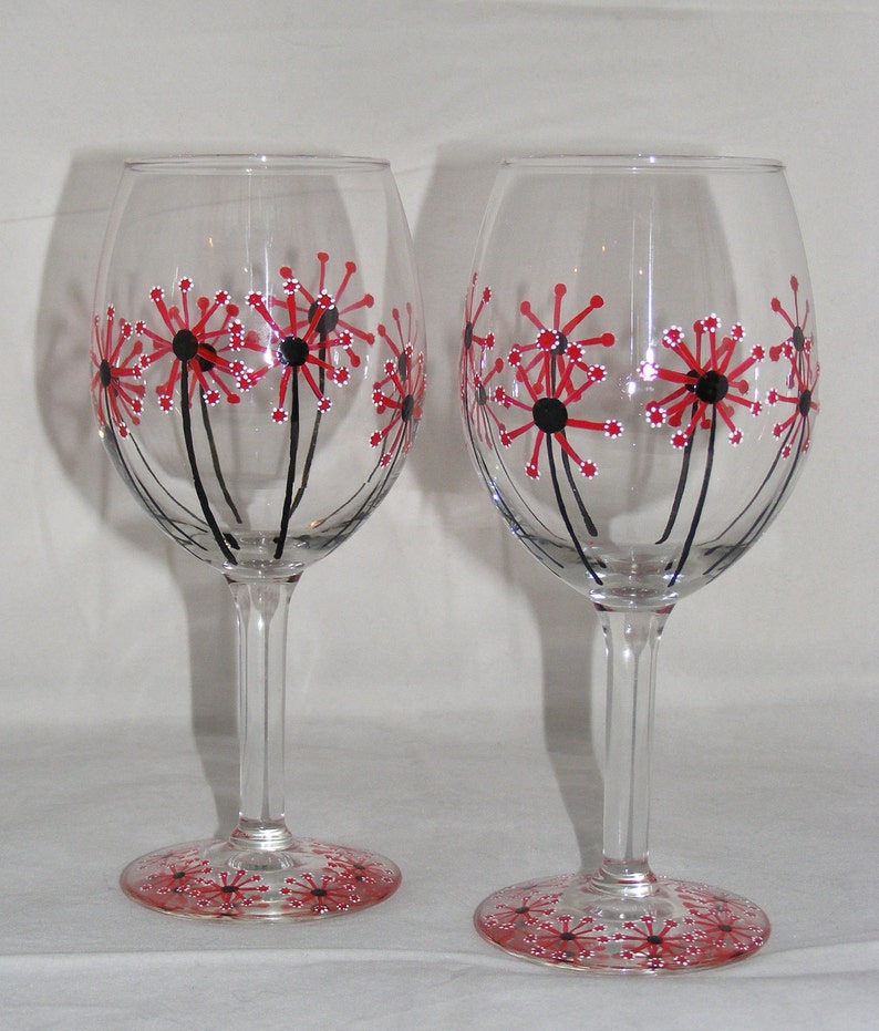 Hand Painted Dandelion/flower Wine Glasses One Pair Etsy
