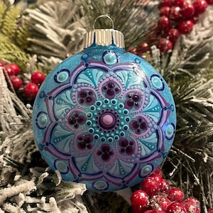 Hand painted 3 inch round purple and turquoise Mandala Christmas ornament