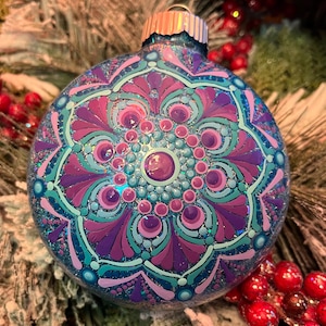 Hand painted 4 inch round purple, teal and aqua Mandala Christmas ornament