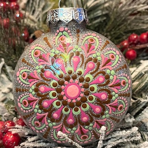Hand painted 3 inch round brown, pink and green “flower” Mandala Christmas ornament