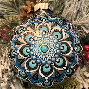 Hand painted 4 inch round black, turquoise and silver Mandala Christmas ornament