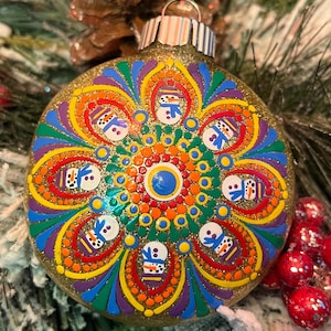 Handbemalte 3-Zoll-Runde Regenbogen Schneemann Mandala Weihnachtsverzierung