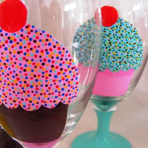 Hand painted 4-color cupcake glass goblets, set of 4 image 2