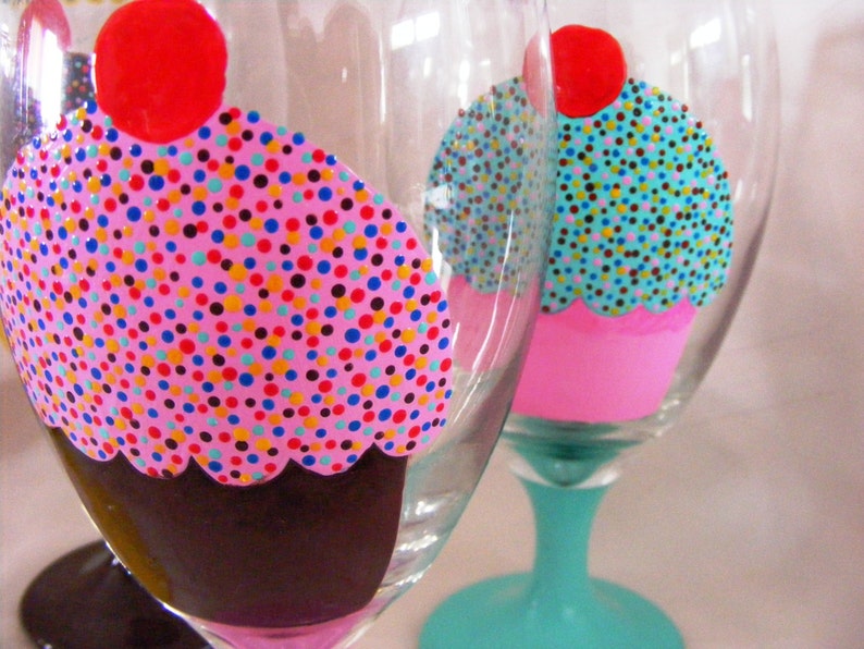 Hand painted 4-color cupcake glass goblets, set of 4 image 2