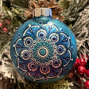 Hand painted 3 inch round blue and silver “sun” Mandala Christmas ornament